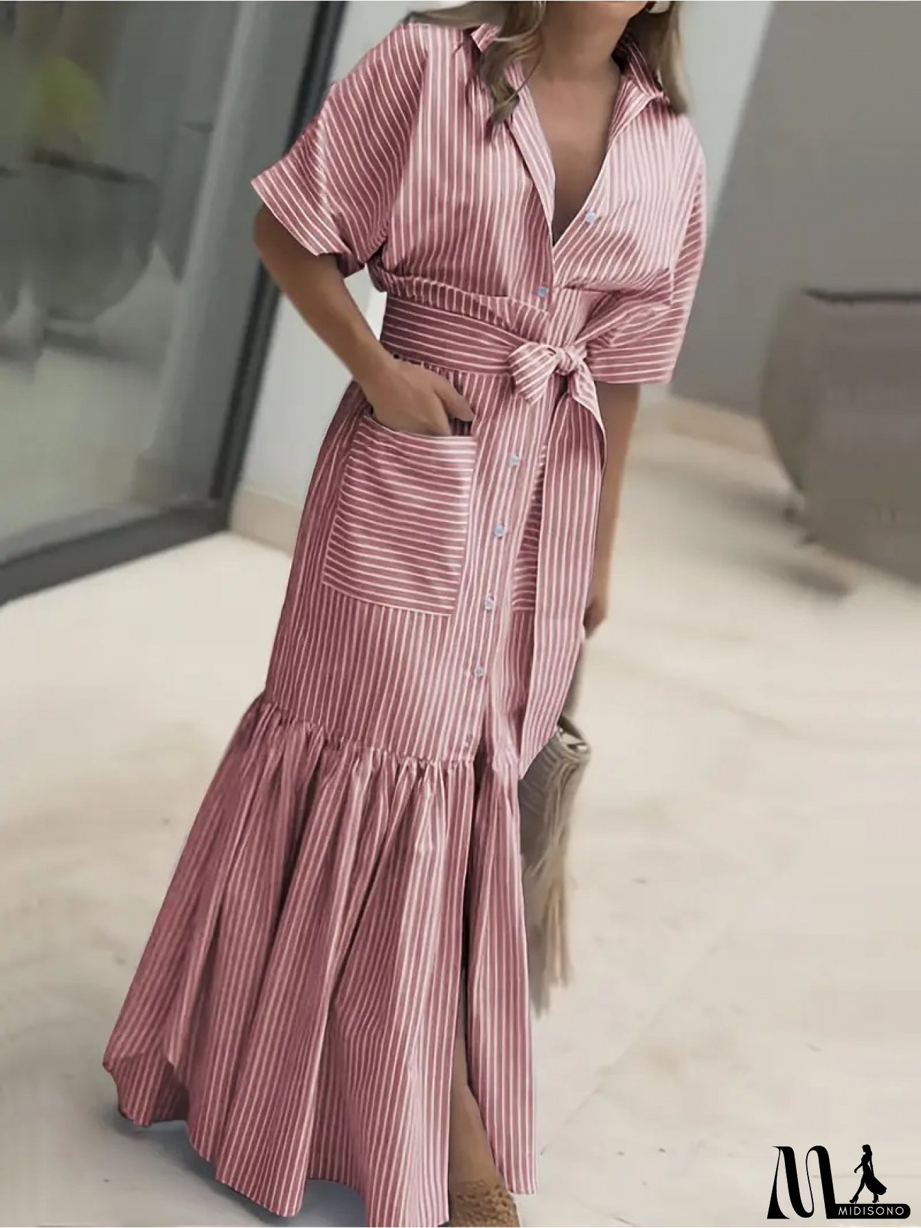 Women's Elegant Striped Short Sleeve Shirt Dress With Belted Waist - Vertical Blue & White Stripes, Loose Mid-Length A-Line Silhouette, Collar & Short Sleeves For Spring/Fall, Casual To Semi-Formal Wear, Versatile Everyday To Semi-Formal Outfits