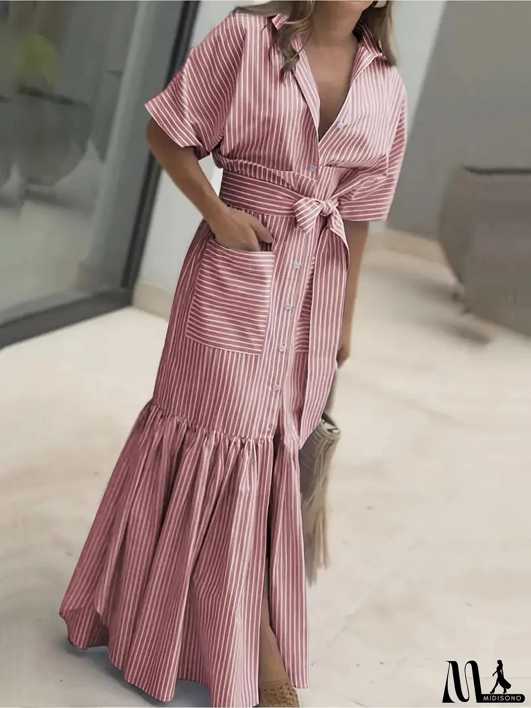 Women's Elegant Striped Short Sleeve Shirt Dress With Belted Waist - Vertical Blue & White Stripes, Loose Mid-Length A-Line Silhouette, Collar & Short Sleeves For Spring/Fall, Casual To Semi-Formal Wear, Versatile Everyday To Semi-Formal Outfits