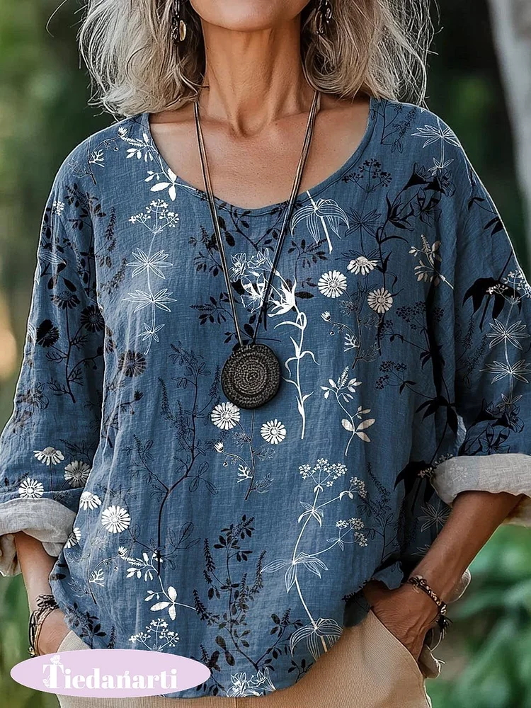 Women's Vintage Lovely Floral Art Print Casual Cotton And Linen Shirt