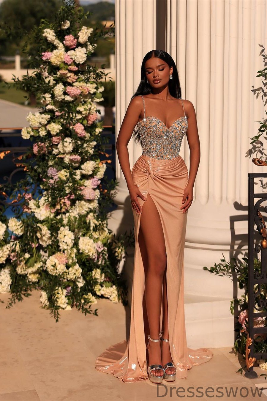 Dresseswow Champagne Sweetheart Spaghetti-Straps Sleeveless Mermaid Formal Dresses With Split Beadings