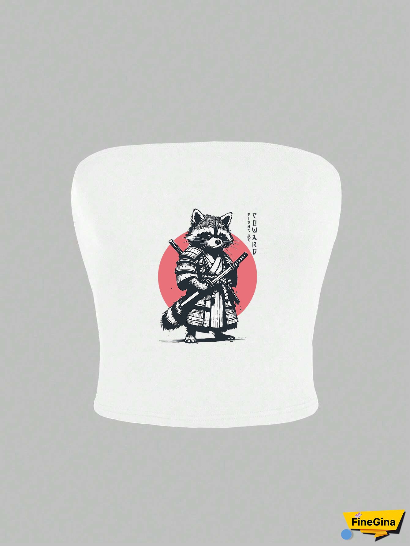 Y2K Style Women's Crop Top with Samurai Raccoon Print - Sleeveless, Backless, Strapless, Geometric Pattern, Bandeau Collar, Polyester, Spring/Summer Fashion, Y2K Fashion | Graphic Print Top | Polyester Fabric, Y2K Fashion