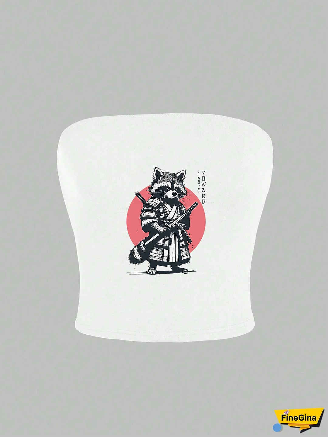 Y2K Style Women's Crop Top with Samurai Raccoon Print - Sleeveless, Backless, Strapless, Geometric Pattern, Bandeau Collar, Polyester, Spring/Summer Fashion, Y2K Fashion | Graphic Print Top | Polyester Fabric, Y2K Fashion