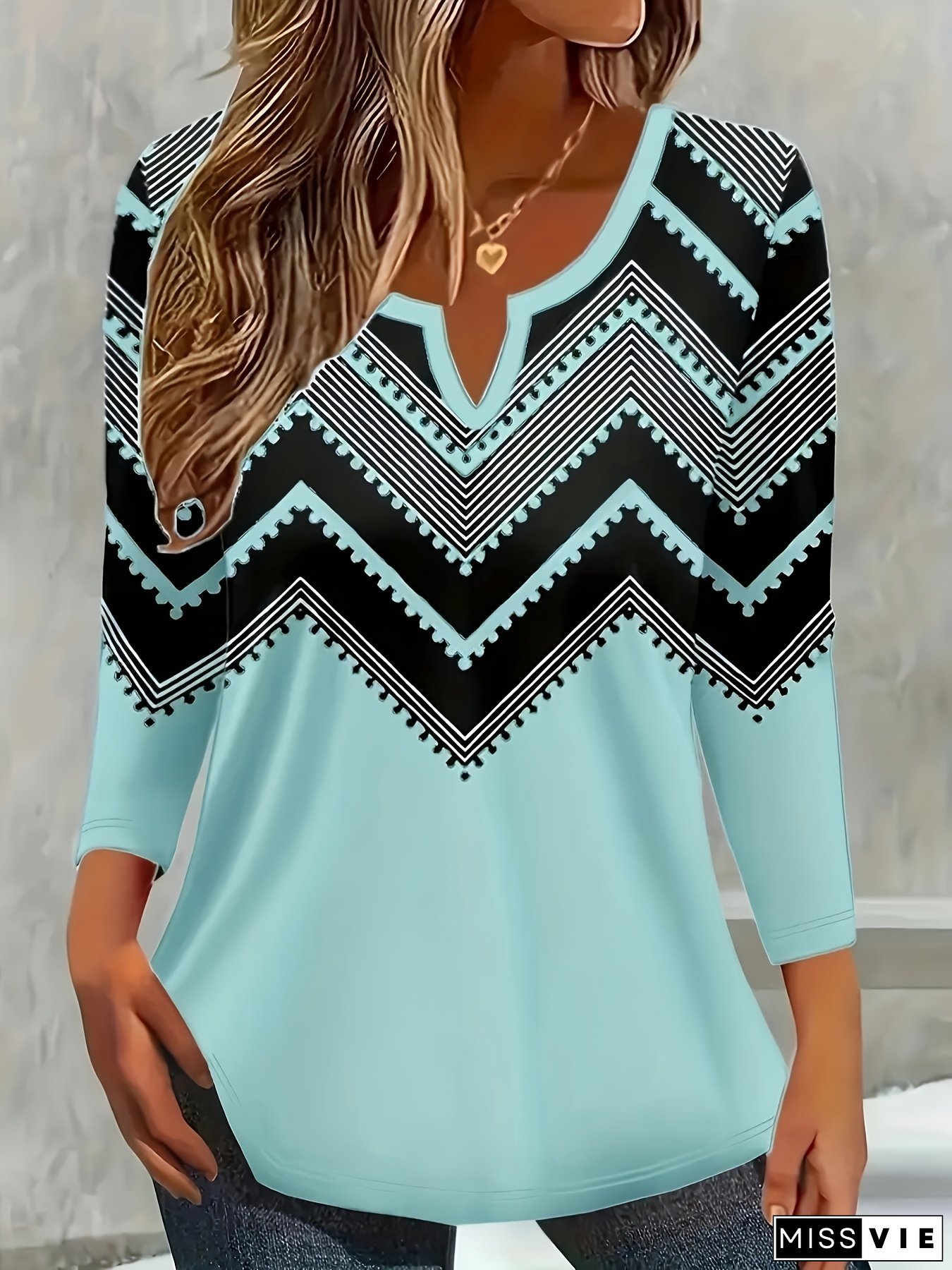 Elegant Women's Long Sleeve V Neck T-Shirt, Polyester Blend, Medium Stretch, Geometric Pattern, Notched Collar, Machine Washable, Spring/Fall Season