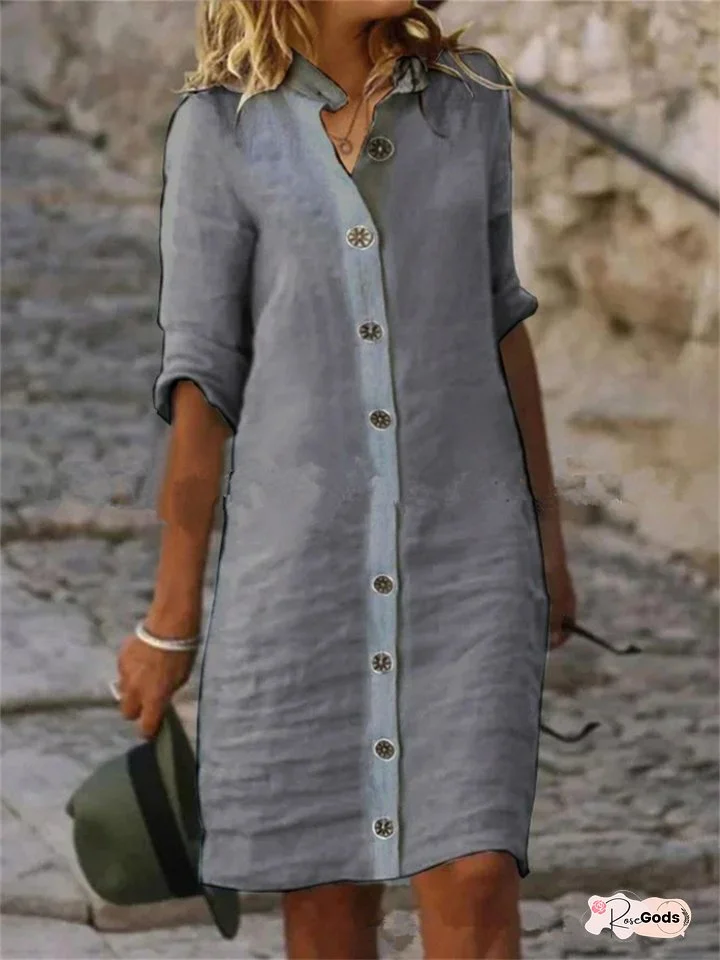 New Women's Summer Shirt Collar Medium-sleeved Large Round Button Cotton Dresses