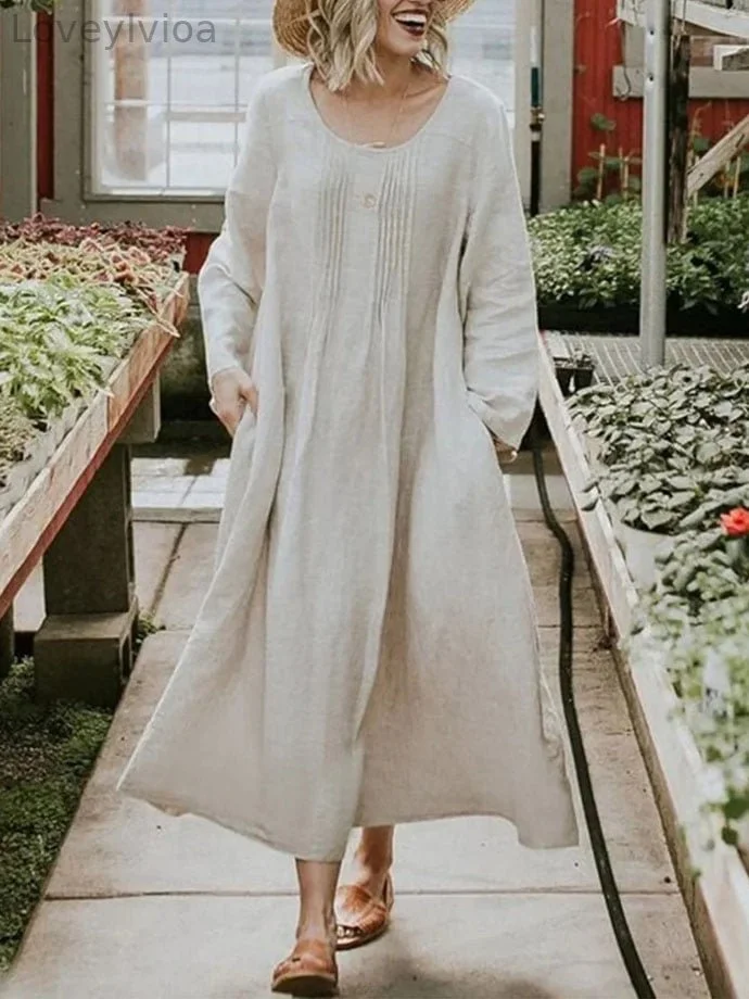 Women's Round Neck Pleated Pockets Solid Color Long Sleeve Cotton and Linen Dress
