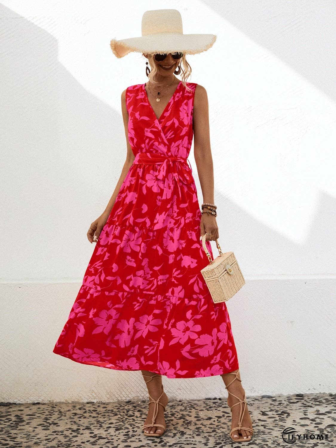 Tied Printed Surplice Tiered Dress | IFYHOME
