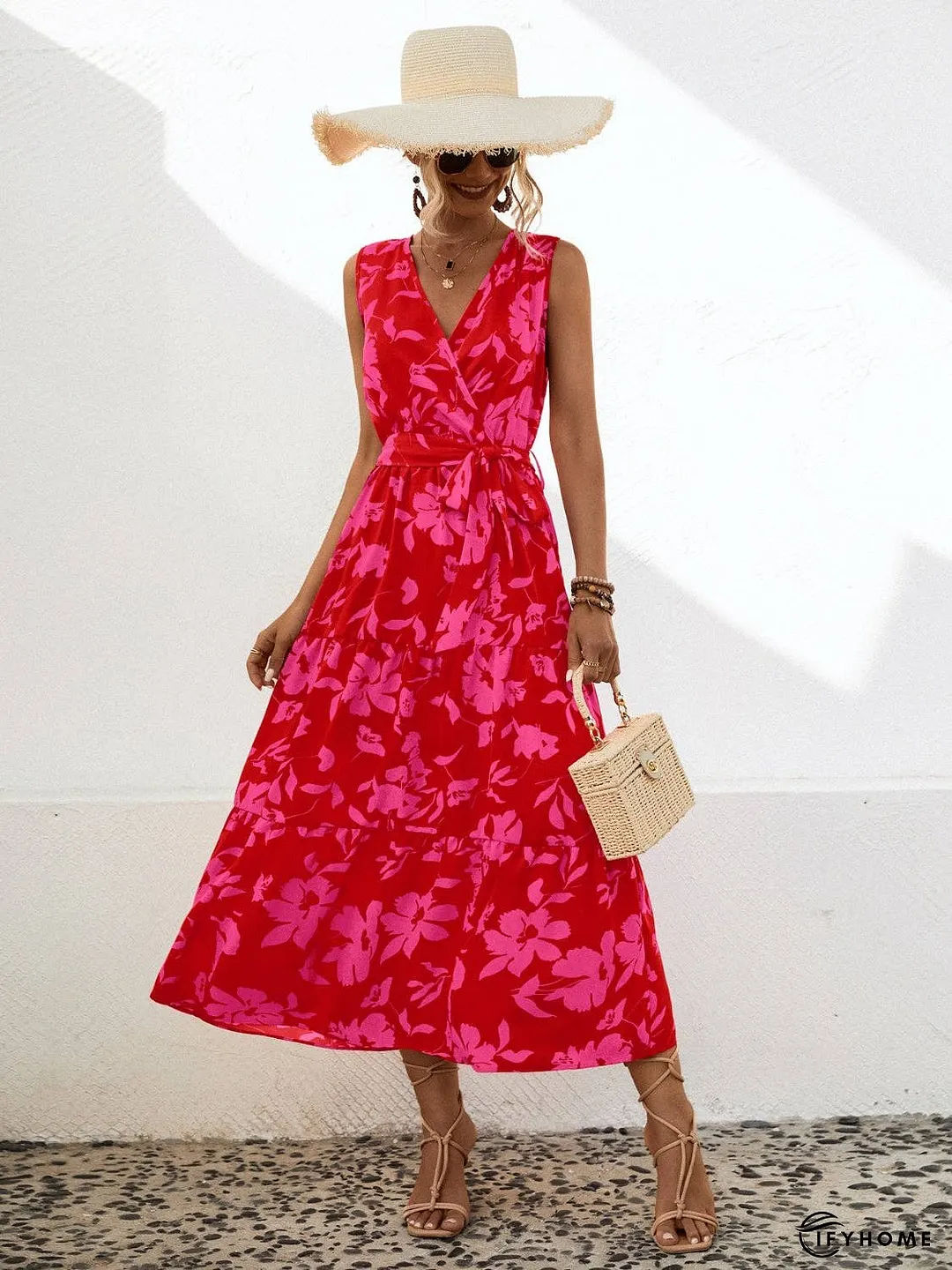 Tied Printed Surplice Tiered Dress | IFYHOME