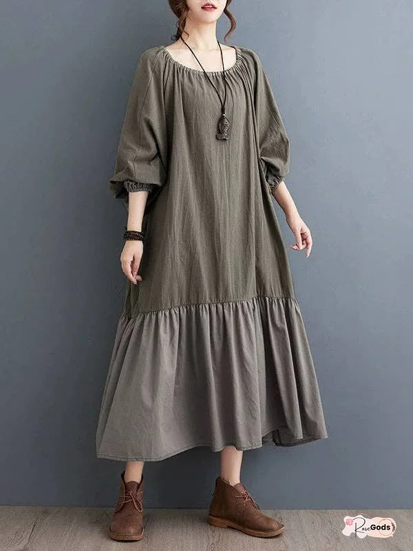 Loose Cotton Linen Patchwork Lantern Sleeve Maxi Dress