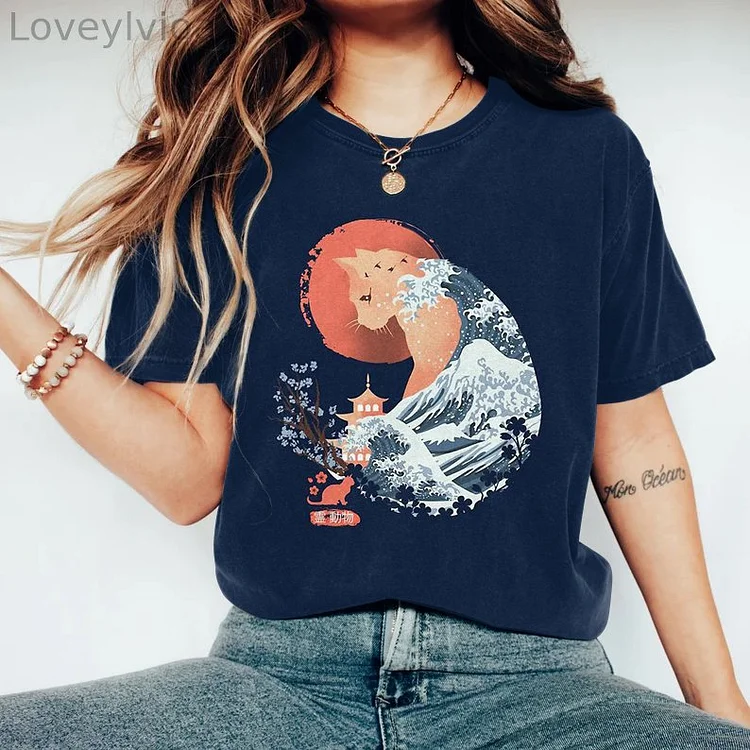 Wave Cat Art Print Crew Neck T-Shirt