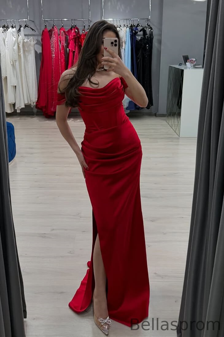 Bellasprom Red Off-the-Shoulder Mermaid Prom Dress Long With Slit Pleats Bellasprom