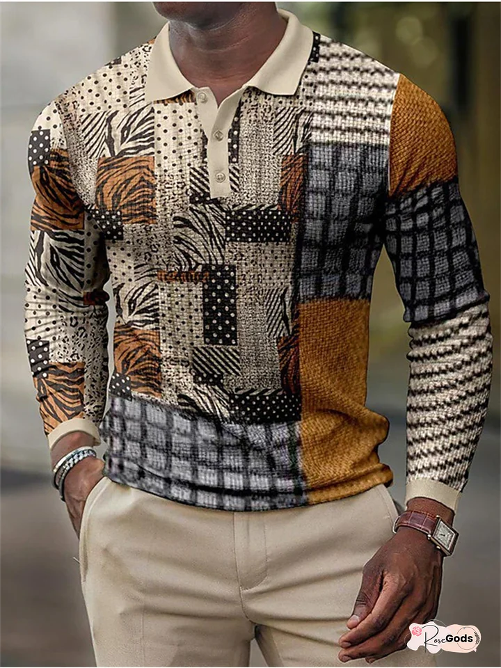 Men's Polo Shirt Golf Shirt Waffle Polo Shirt Graphic Turndown Red Blue Purple Orange Green 3D Print Outdoor Street Long Sleeve Button-Down Print Clothing Apparel Fashion Basic Casual Breathable