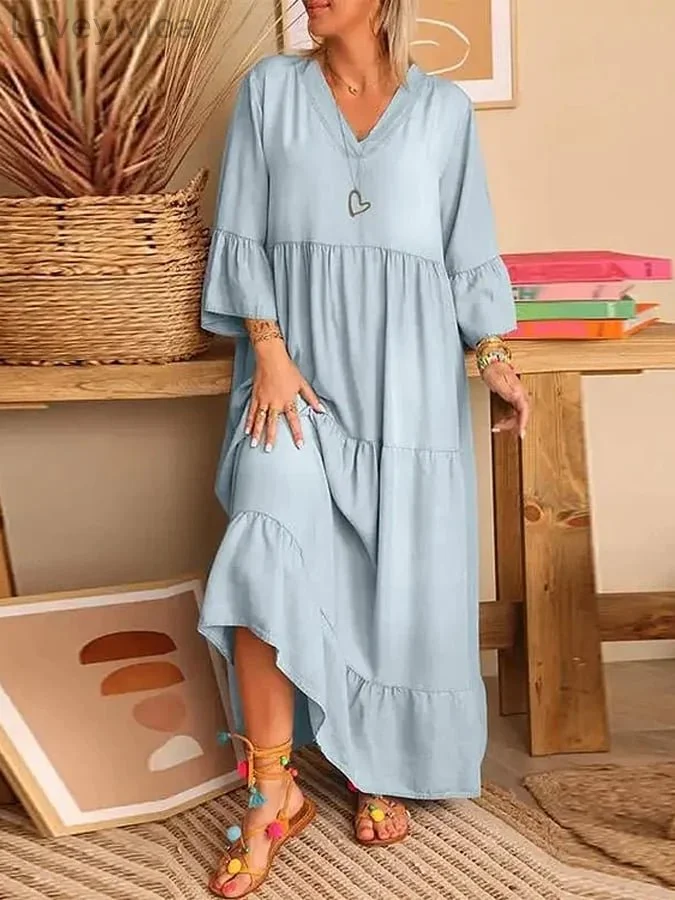 Women's V-Neck Cotton And Linen Maxi Dress