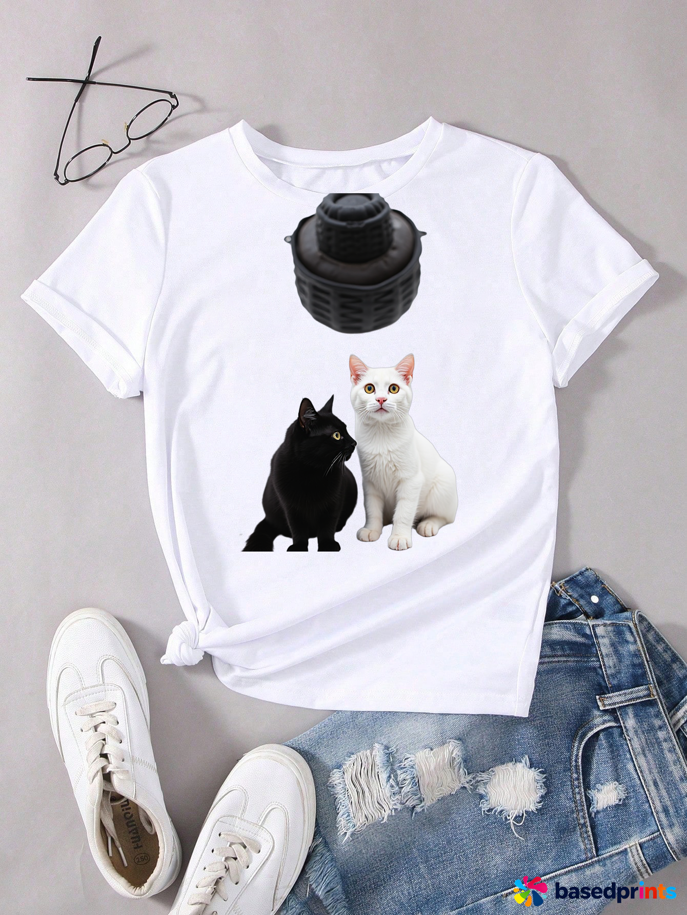 Cat Print T-Shirt Short Sleeve Summer Casual Tee