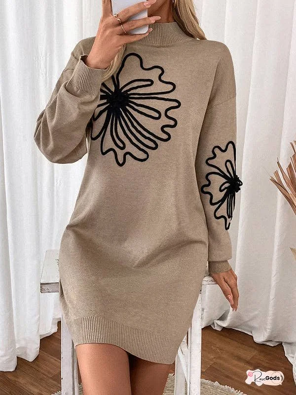 Long Sleeves Loose Knitted Flower Split-Joint Mock Neck Mini Dresses Sweater Dresses
