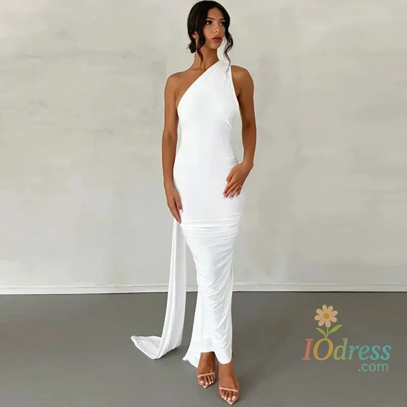 IO Dress Women's One-Shoulder Sleeveless Maxi Dress Adjustable Scarf Loop Ruched Backless Bodycon Festival Party Outfit Elegant Long Gown IO Dress