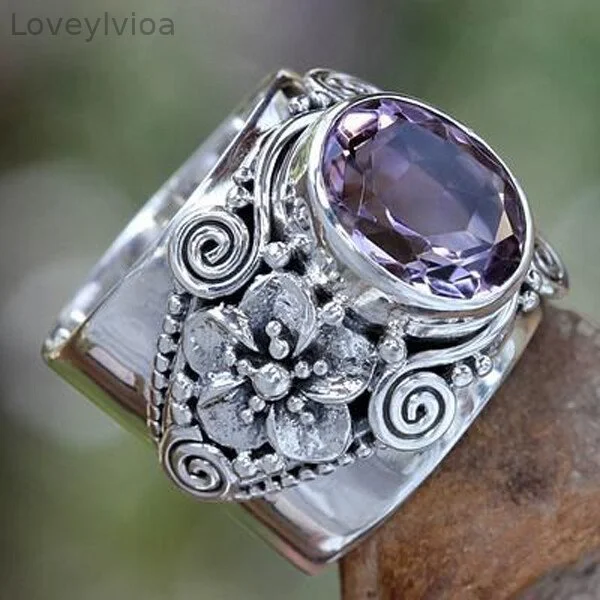 Sterling Silver Floral Faceted Amethyst Ring