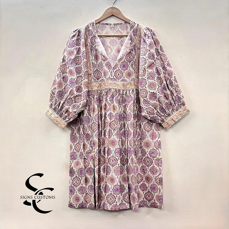 Floral Block Print Soft Cotton Purple Woman Midi Dress &ndash; Comfortable Summer Tunic for Women with String Closure