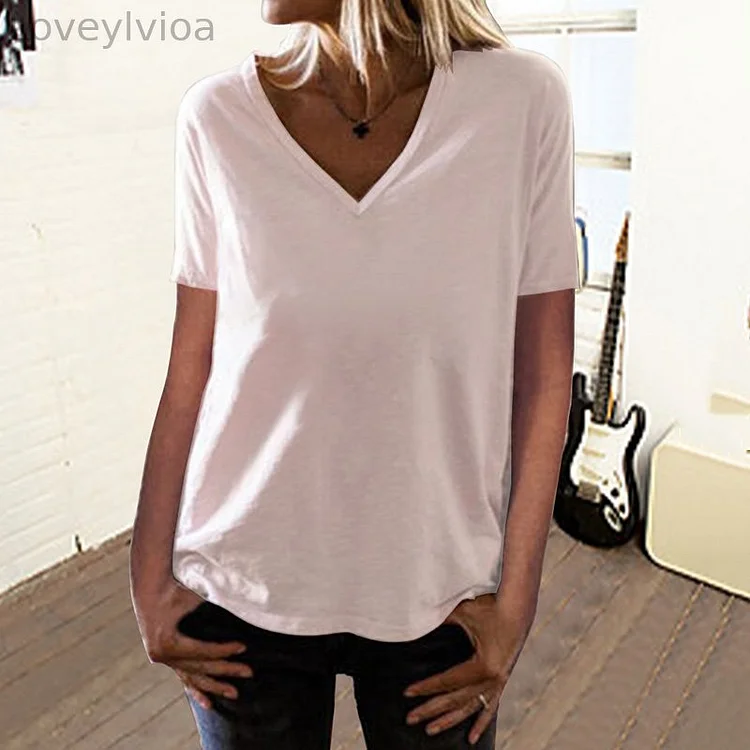 Fashionable And Minimalist Solid Color V-Neck Short Sleeved T-Shirt