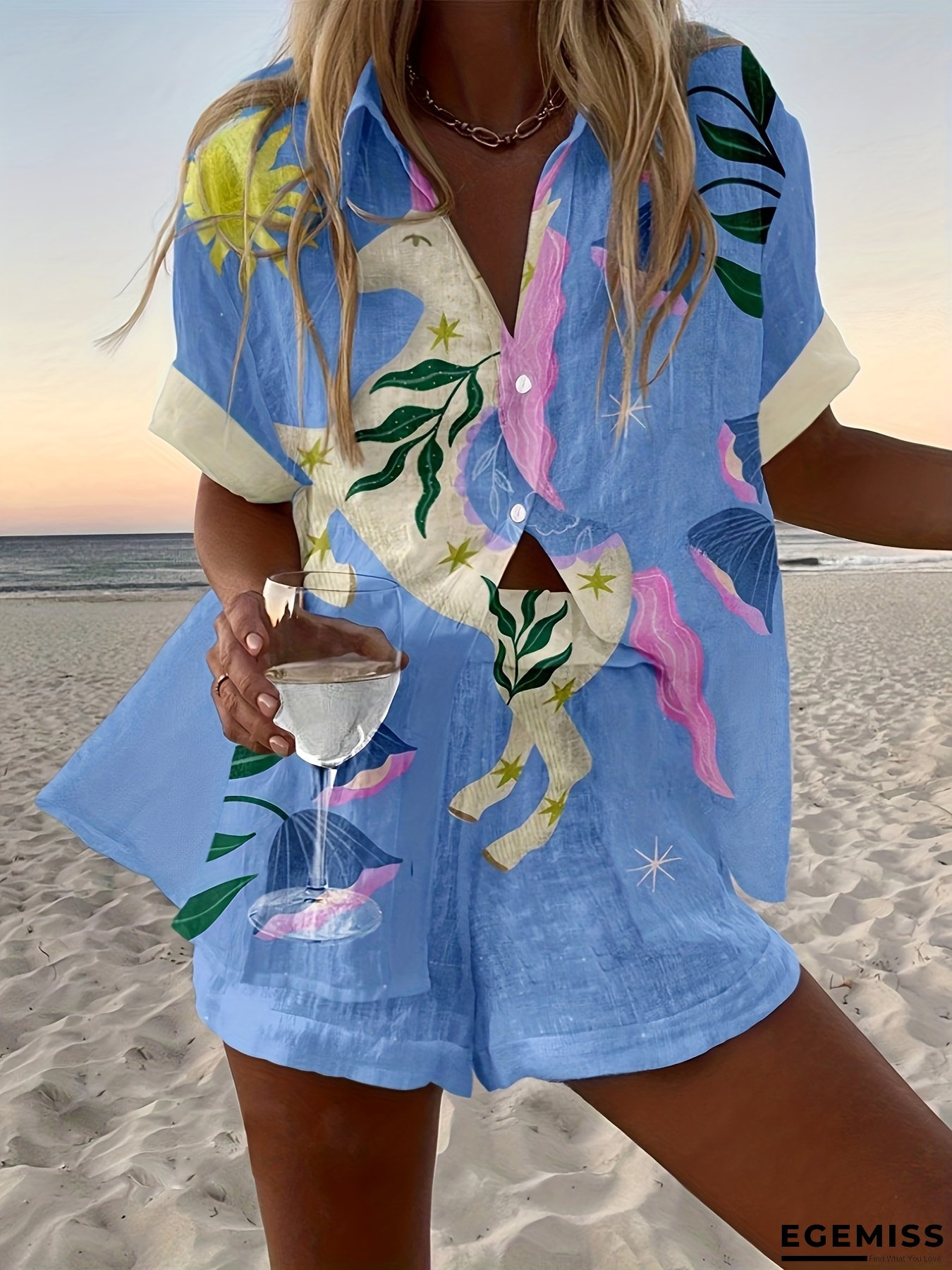 [Beach Style Set] Beach Vacation Style Women's Short Sleeve Set | Printed Shirt And Shorts | EGEMISS