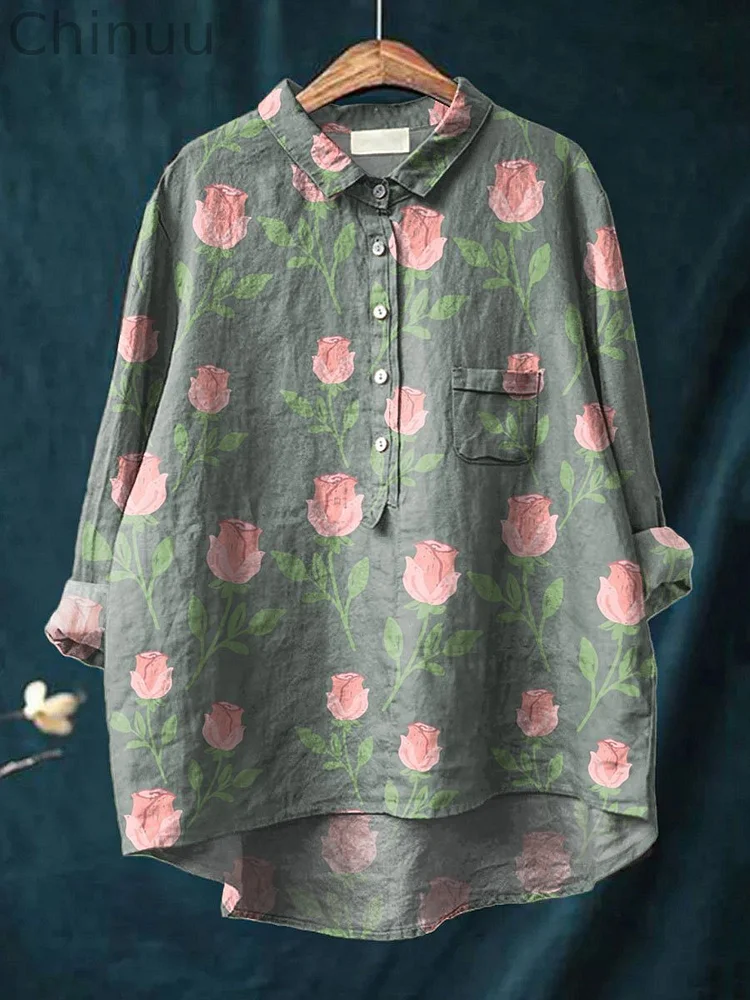 Women's Rose Flower Print Casual Cotton And Linen Shirt