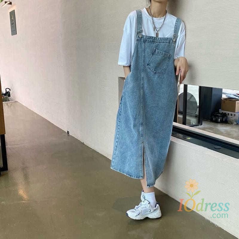 IO Dress Denim Pinafore Dress&zwnj; Spring Summer Blue Denim Jumper Dress Sleeveless Jeans Overalls Dresses with Pockets Casual Korean Style