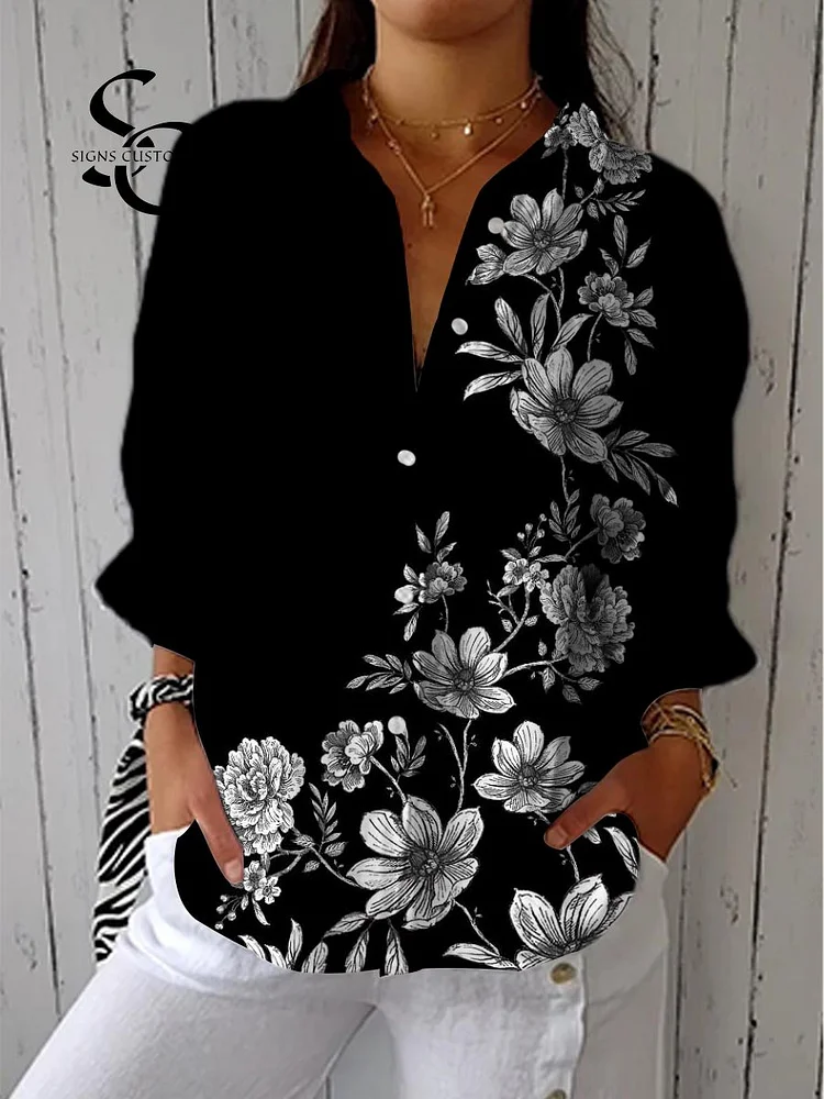 Women's Vintage Black Art Floral Print Casual Linen V-neck Shirt