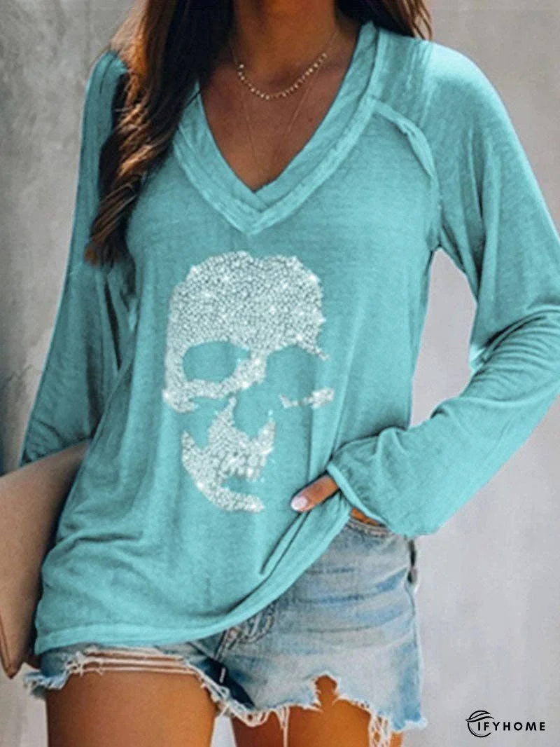 Skull Print Casual Long-sleeved V-neck T-shirt | IFYHOME