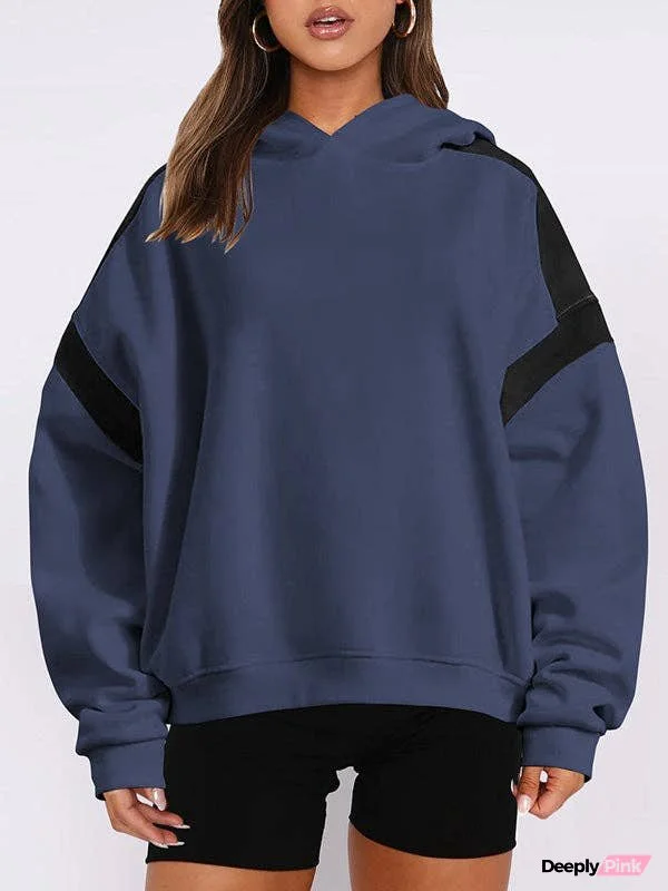 Hooded Long Sleeves Contrast Color Pockets Split-Joint Hoodies Tops