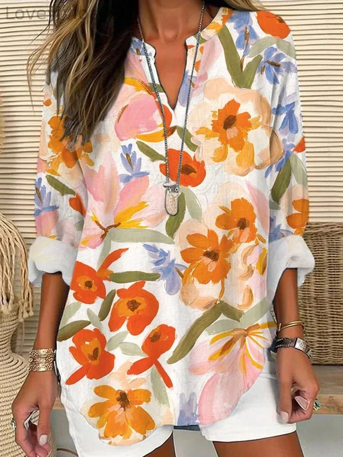 Women's Retro Floral Loose Casual Long Sleeve V-Neck Shirt