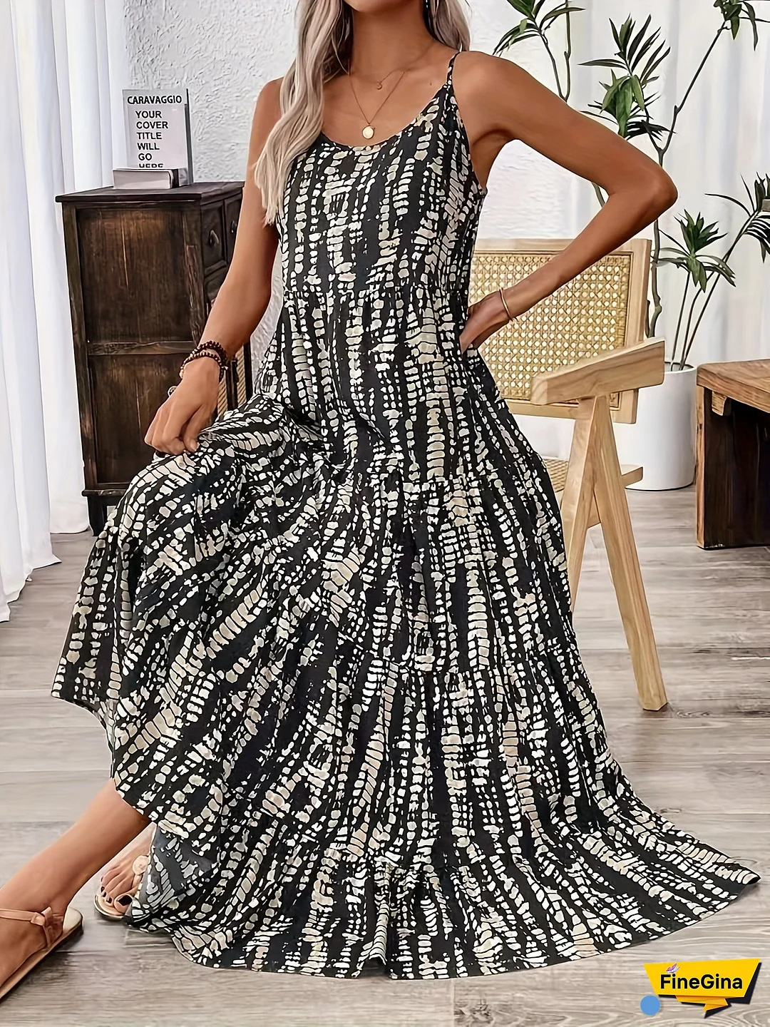Women's Sleeveless Maxi Dress With Abstract Black & White Print - Adjustable Straps, Loose Fit, Floor-Length Beach Dress For Summer, Casual Elegant Style, Beach Dresses, Summer Fashion, Flowy Fabric