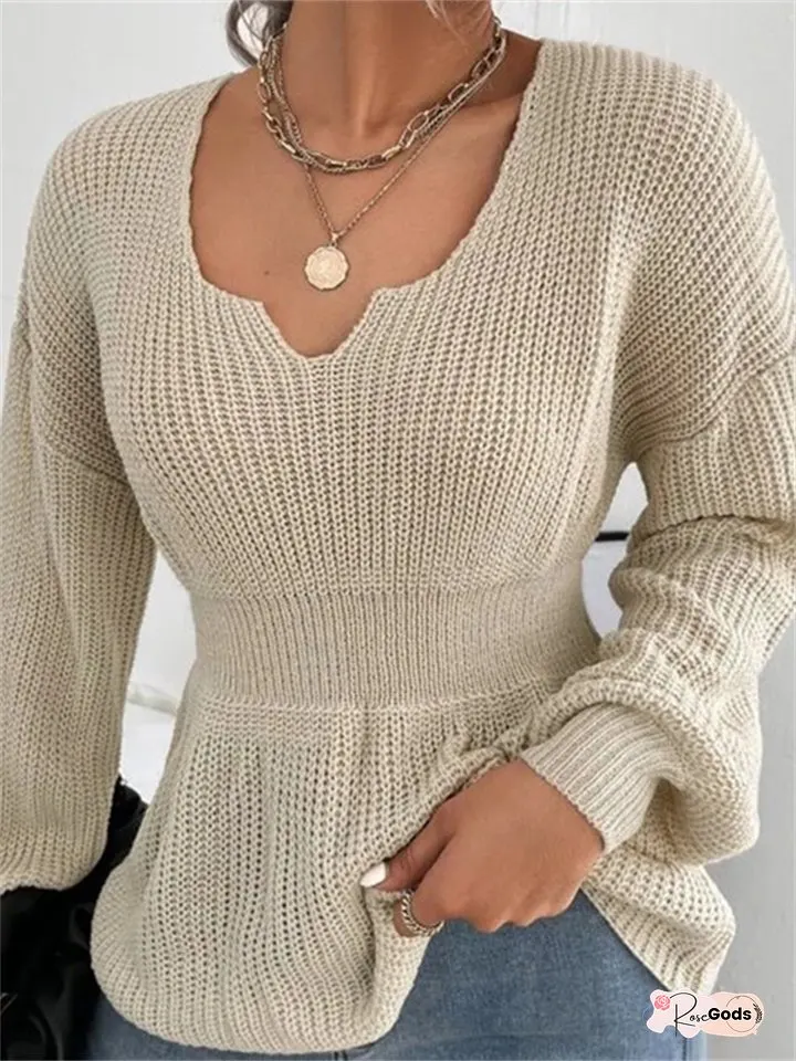 New Womens Fashion Sweater V-Neck Slim-Type Pullover Solid Color Long-Sleeved Ruffled