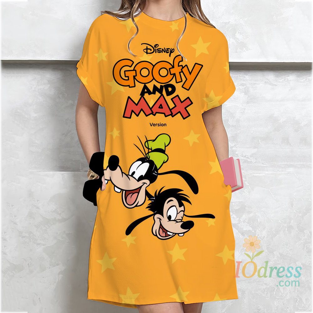 IO Dress Summer Loose Disney Goofy Printed T-shirt Dress Women's Clothing Student Medium Short Sleeve Dress Cartoon Style Polyester Fabri