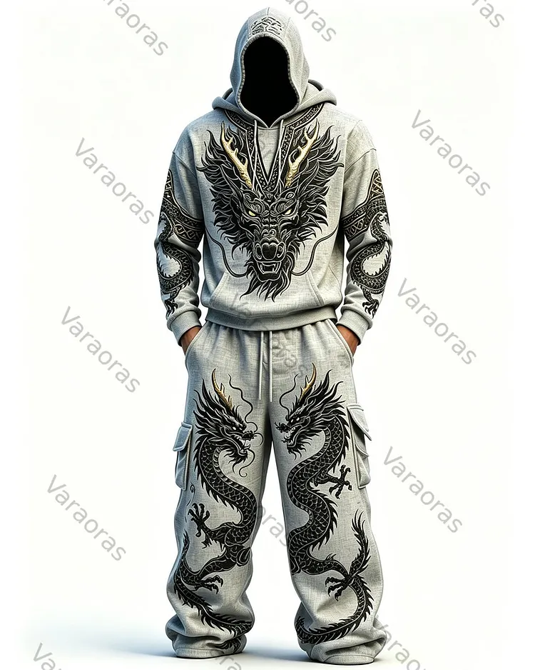 Men's Fashion Contrast Colo Red Dragonr Embroidered Hoodie & Pants Two-Piece Set 9928