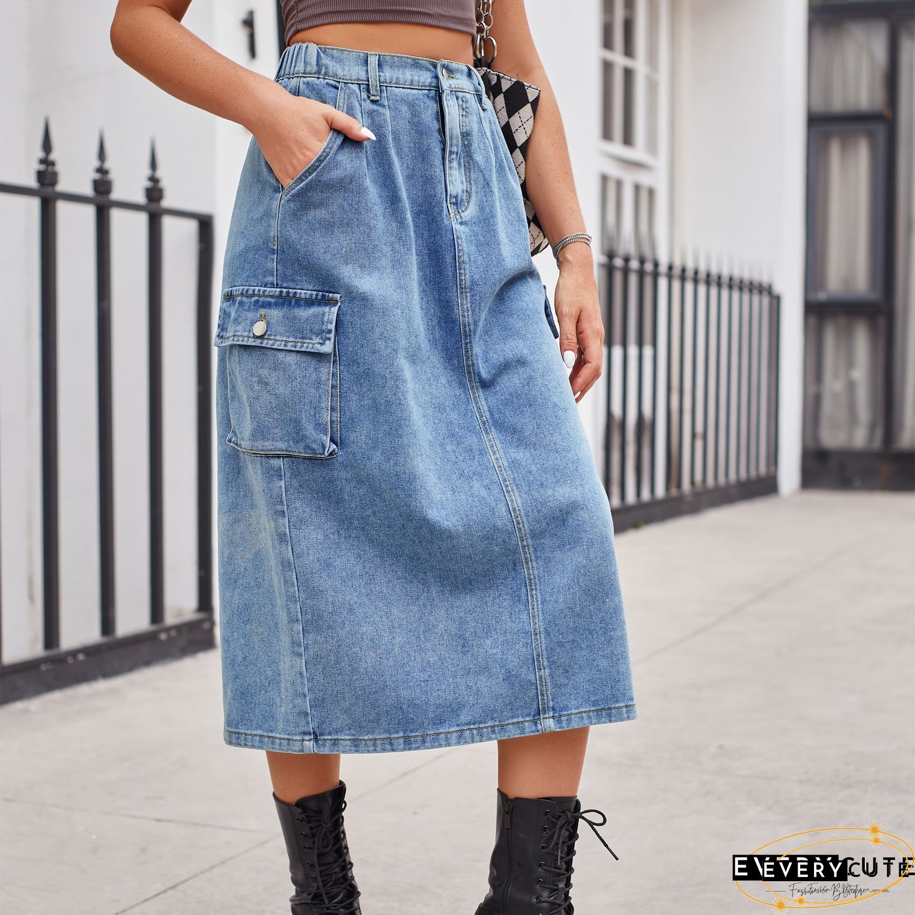 Women's Denim Skirt Button Down Front High Waist Pockets Midi Jean Skirts