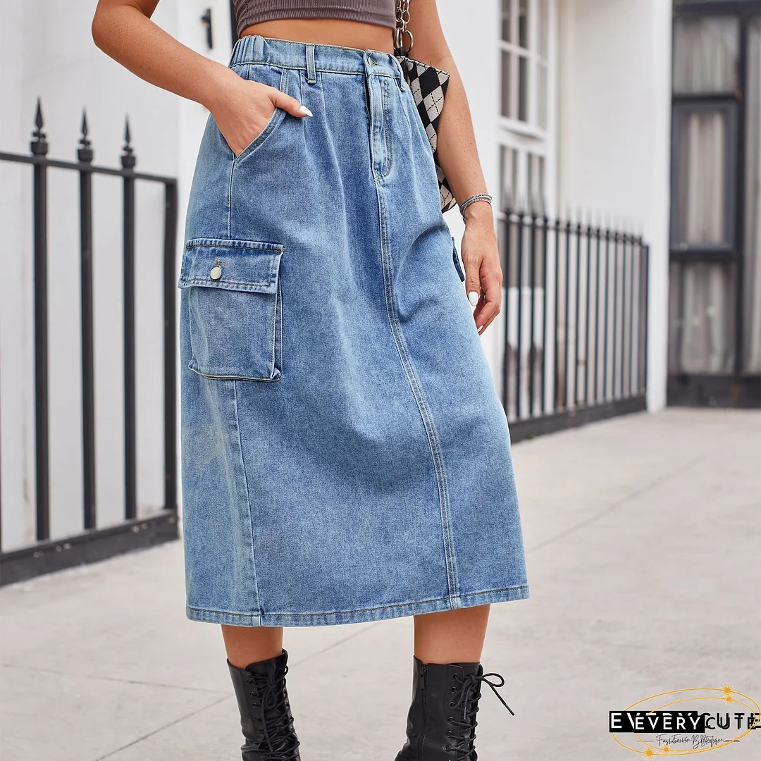 Women's Denim Skirt Button Down Front High Waist Pockets Midi Jean Skirts
