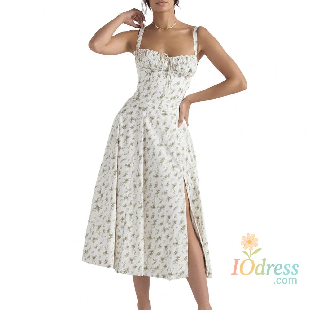 IO Dress Sleeveless Party Dress Elegant Lace-up Bandeau Floral Print Midi Dress with Corset Design Side Split Hem Women's Slim for Women IO Dress
