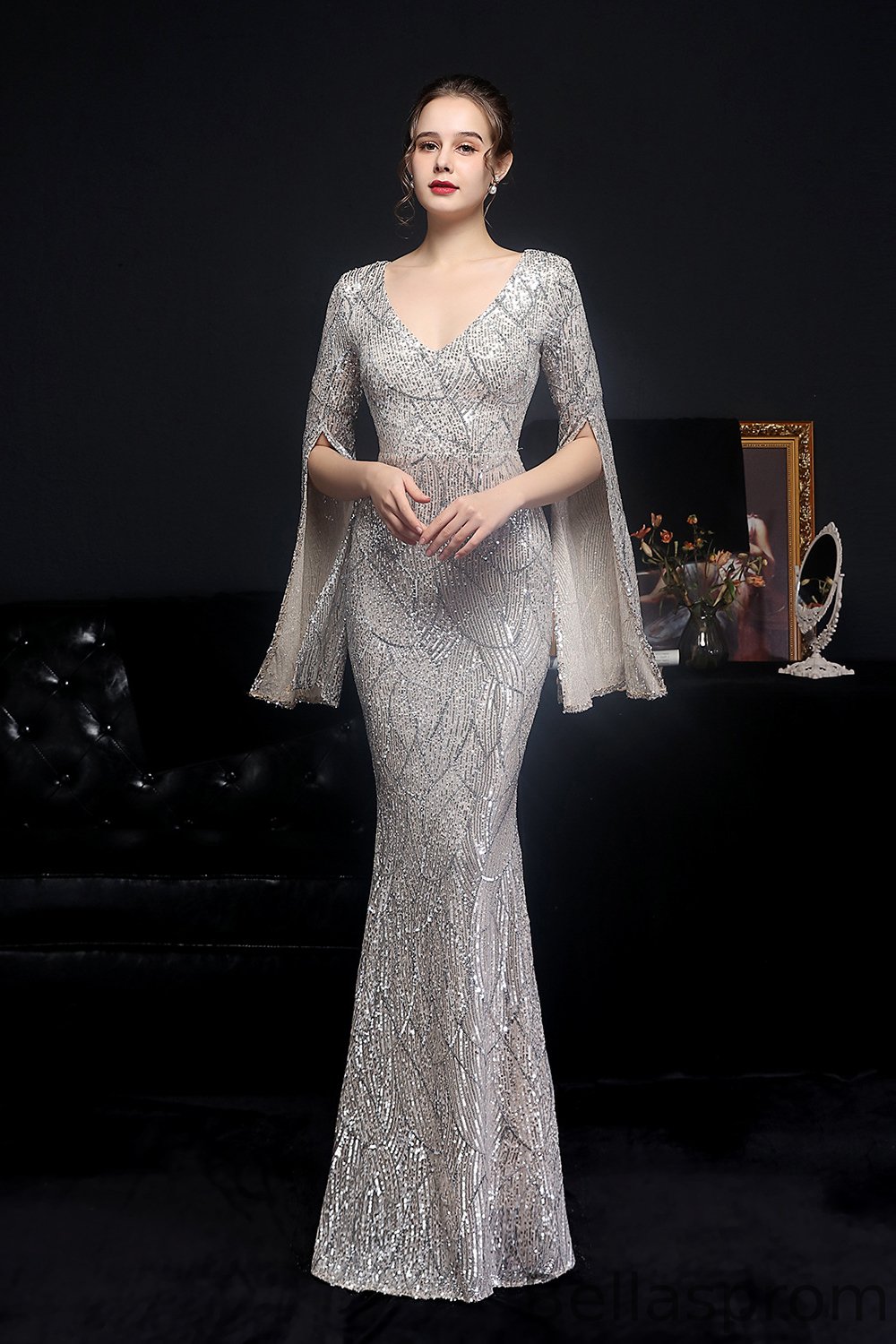 Bellasprom V-Neck Sequins Prom Dress Mermaid Long With Ruffle Sleeves Bellasprom