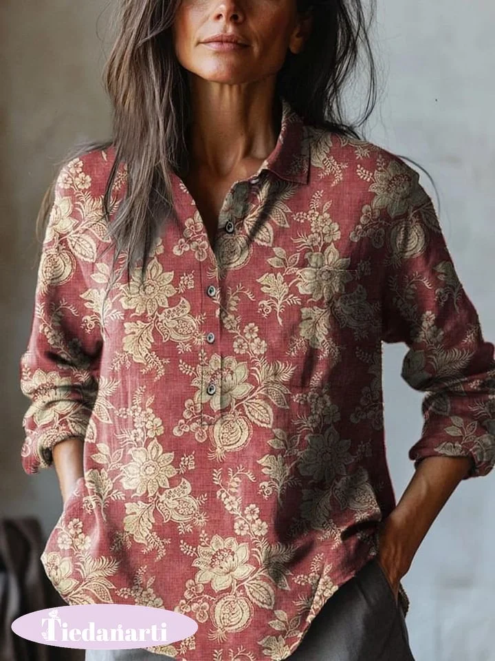 Women's Vintage Lovely Floral Art Print Casual Cotton And Linen Shirt