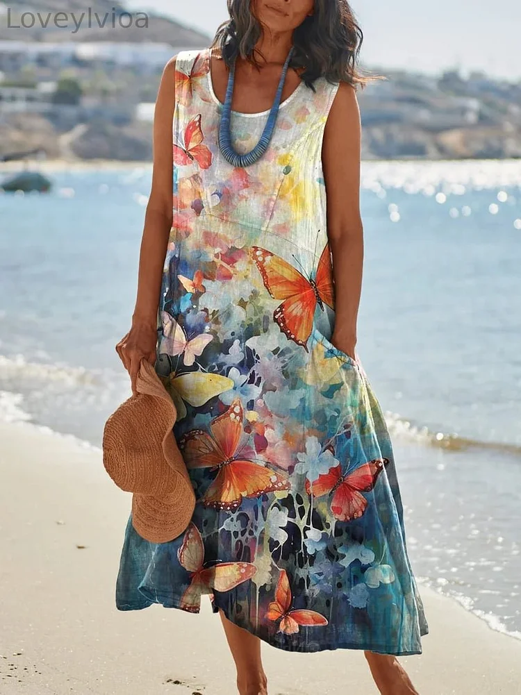 Women's Flowers Watercolor Pocket Pinafore Linen Dress