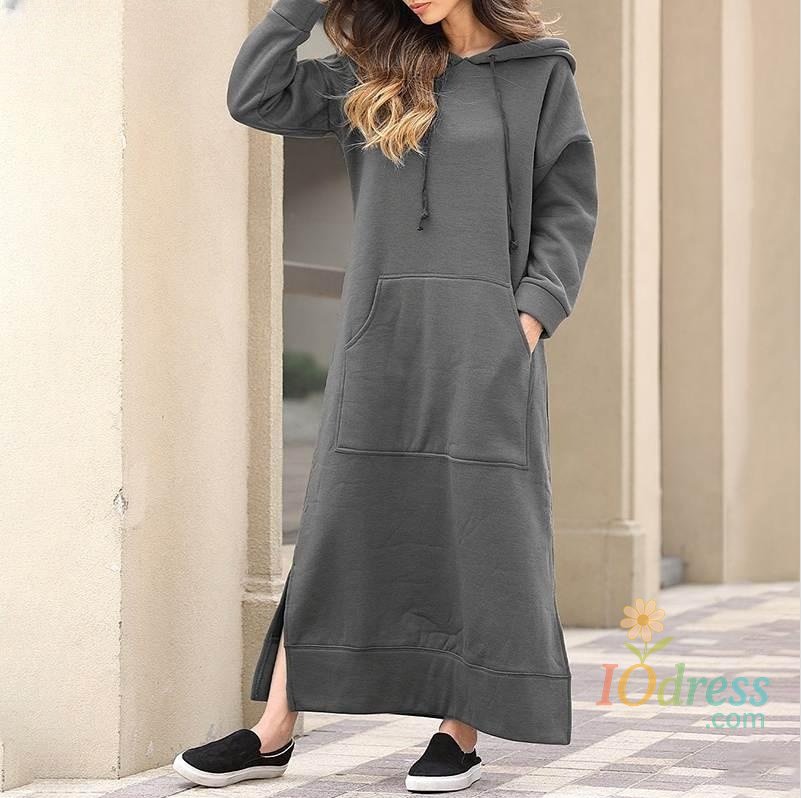 IO Dress Hoodies Dress for Women Fashion  2024 Hem Lace-up Midi Robe Hooded Long Vestidos Winter Warm Casual Loose Sweatshirt Dress