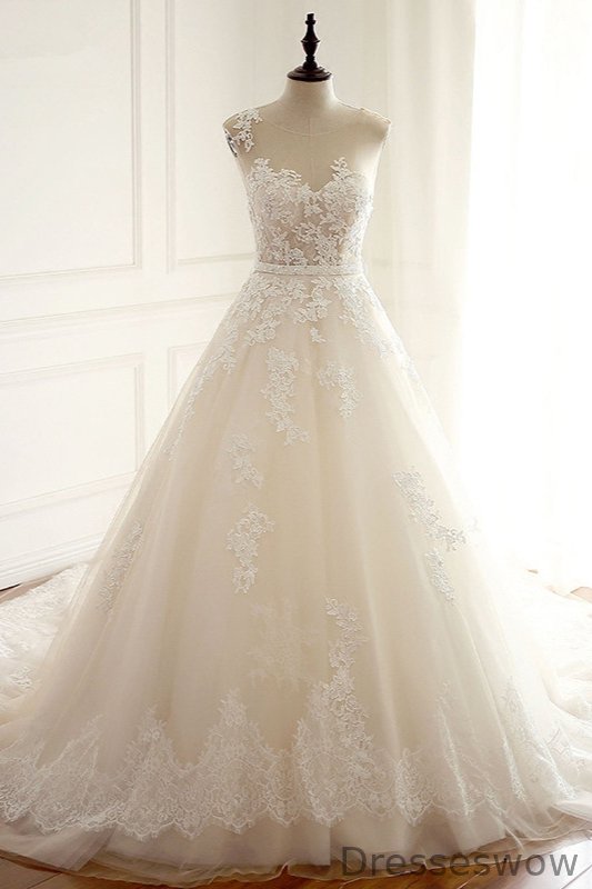 Dresseswow Jewel Long Wedding Dresses With Lace Appliques Online