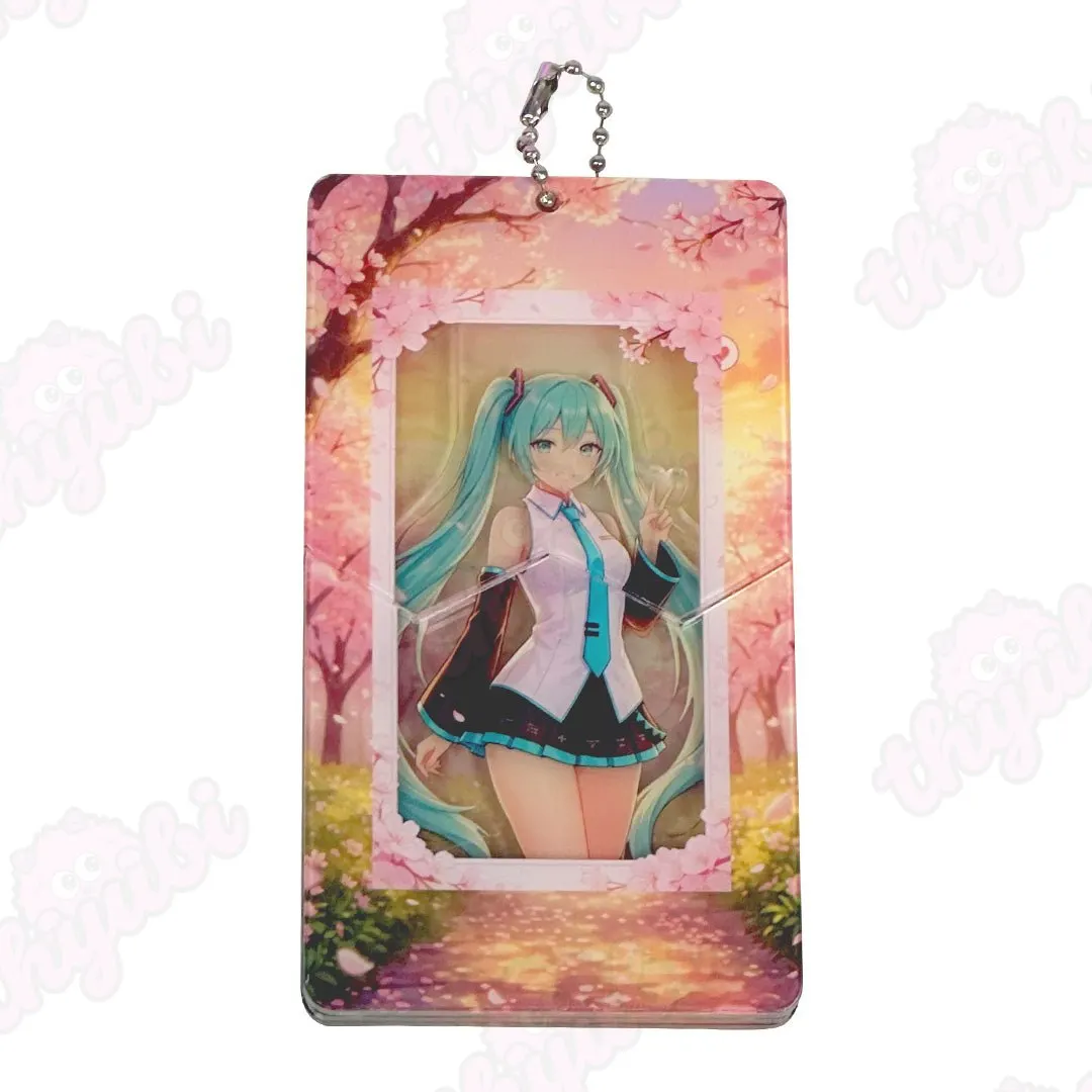 Sliding Pull-Tab Acrylic Keychain & Magnet &ndash; Turquoise-Haired Anime Girl in White & Black School Uniform with Cherry Blossom Background - thyubioffcial