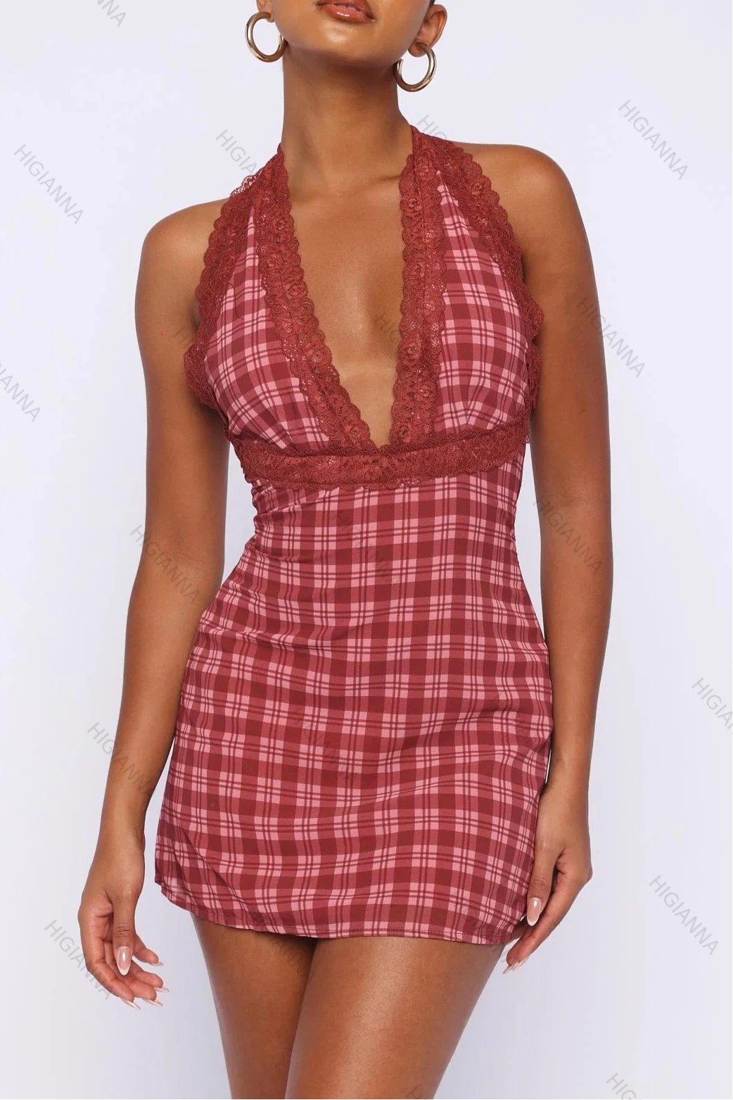 Plaid Lace Trim Halter Neck Bodycon Mini Dress - HIGIANNA&reg;