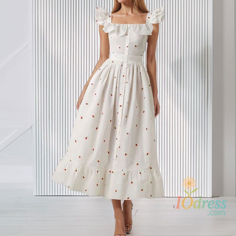 IO Dress Summer Women Square Neck Flying Sleeve Long Dress Elegant Floral Print Hight Waist Party Dress Women Button Pleated Bohe Dresses