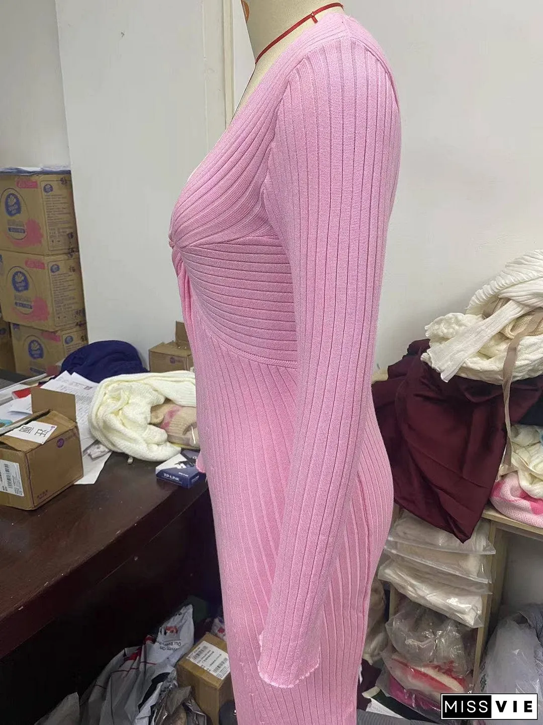 Sexy Spice Long Sleeve Twist Pleated Long Dress