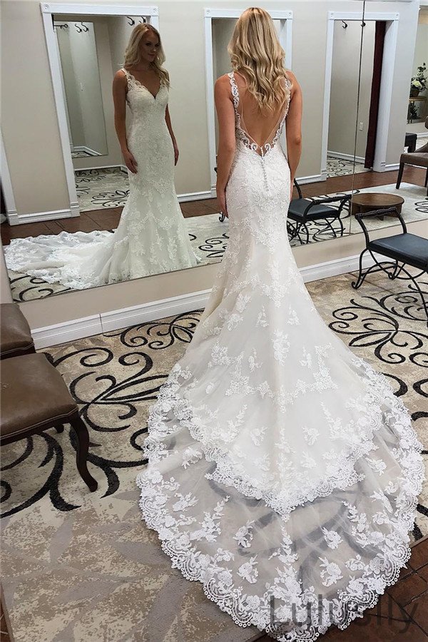 Luluslly Glamorous Straps V-Neck Beackless Train Mermaid Wedding Dress With Appliques