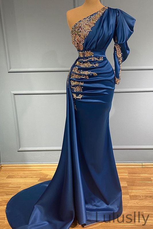 Luluslly Long Sleeves One Shoulder Mermaid Evening Dress Navy Blue With Beads