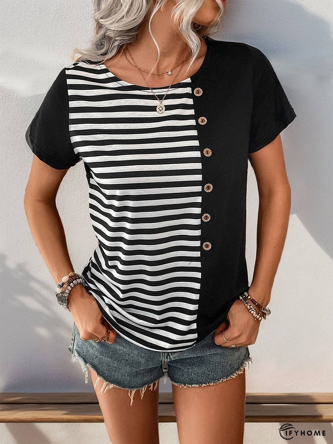 Striped Round Neck Short Sleeve T-Shirt - Decorative Button | IFYHOME