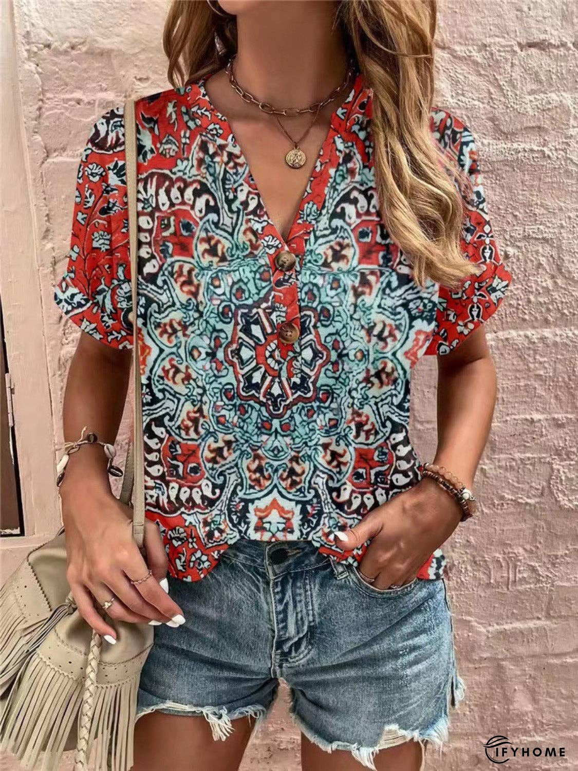 Full Size Printed Notched Short Sleeve Blouse | IFYHOME