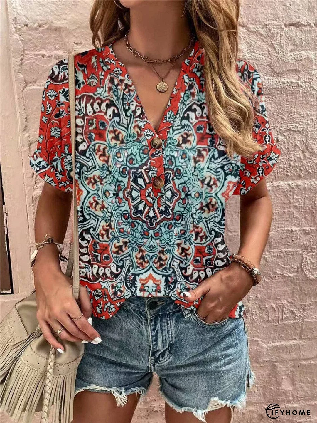 Full Size Printed Notched Short Sleeve Blouse | IFYHOME